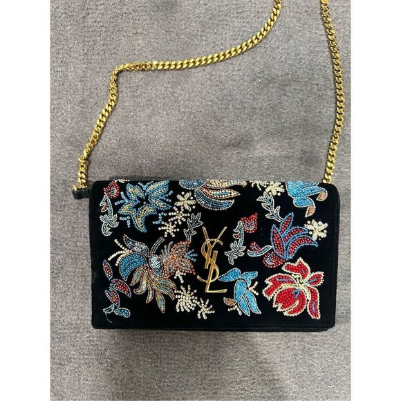 Saint Laurent Velvet Beaded Kate Floral Embroidered Shoulder Chain Bag - Authent - Picture 1 of 12